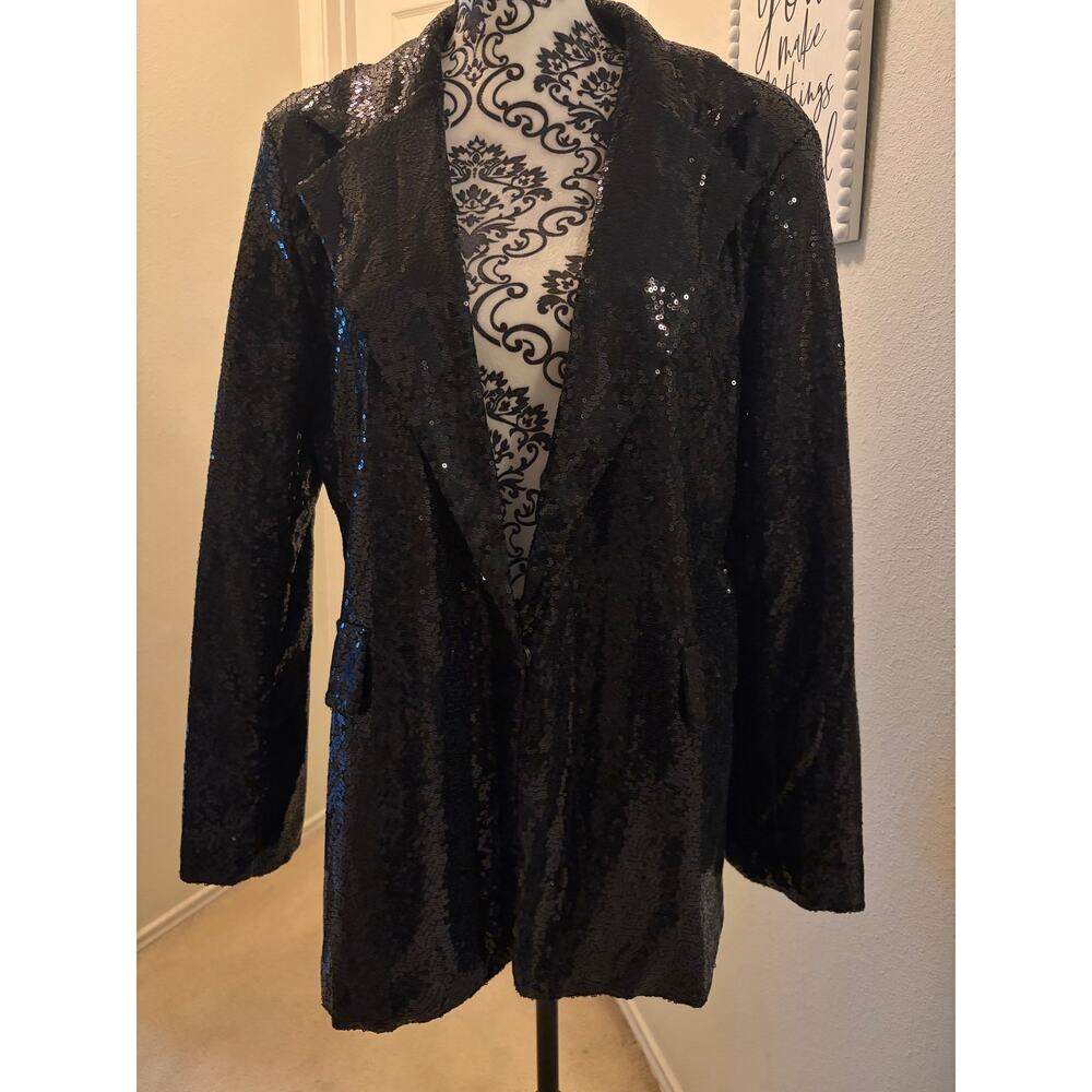 Black Sequin Blazer Jacket XL Long Sleeve Party Evening Sparkle - Picture 2 of 6